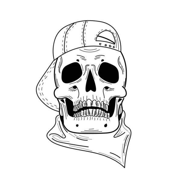 Hand Drawn Black White Skull Wearing Cap Flat Cartoon Comics — Vetor de Stock