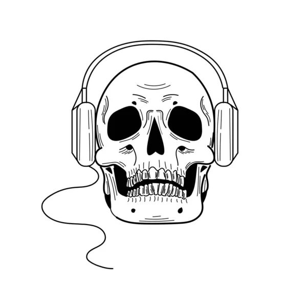 Hand Drawn Black White Skull Wearing Headphones Listening Music Flat — Image vectorielle