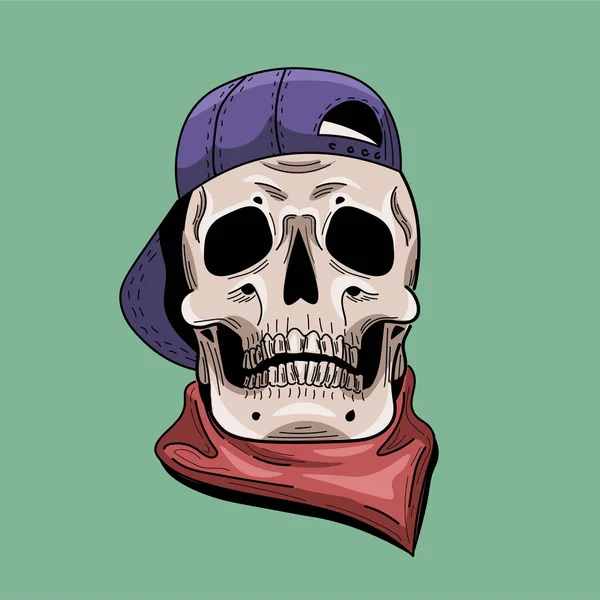 Hand Drawn Black White Hip Hop Skull Wearing Cap Bandana — Stok Vektör