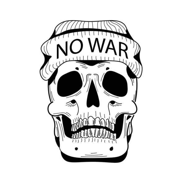 Hand Drawn Black White Skull Wearing War Hat Flat Cartoon — Image vectorielle
