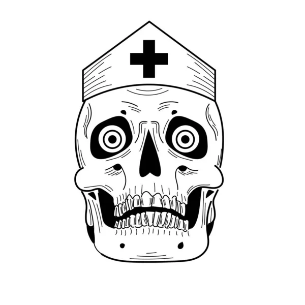 Hand Drawn Black White Skull Anurse Doctor Flat Cartoon Comics — Stockvektor