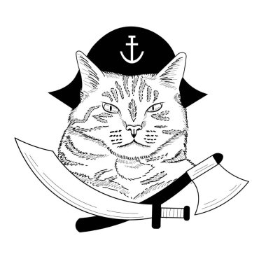 Hand drawn tabby cat pirate