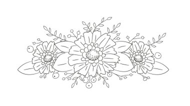 Üç papatya buketi. El çizimi yaprak tasarımı