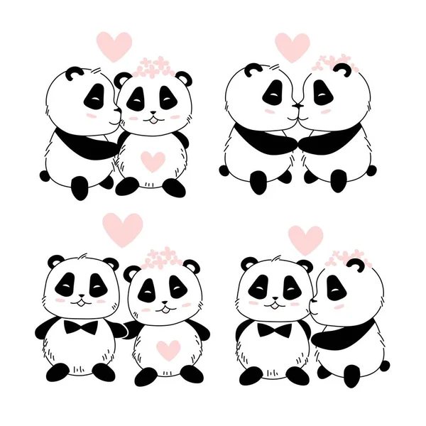 Cute Kawaii Cartoon Kissing Pandas — 스톡 벡터