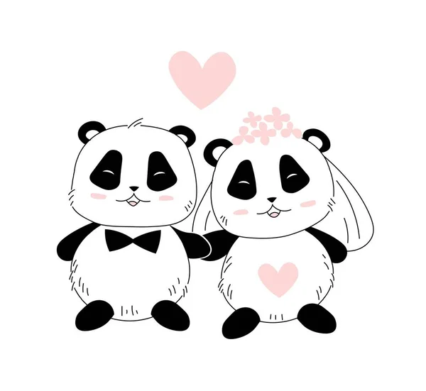 Wedding Two Happy Cute Panda — Vettoriale Stock