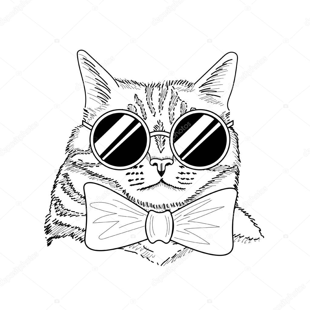Hand drawn ink cat wearing sunglasses and bow tie