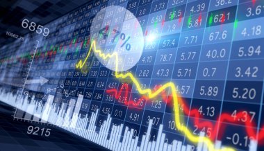 Dinamik bir borsa kurulunun arka planında sarı ve kırmızı hareketli grafikler ve farklı finansal tablolar ve sütunlar. 3d hazırlayıcı