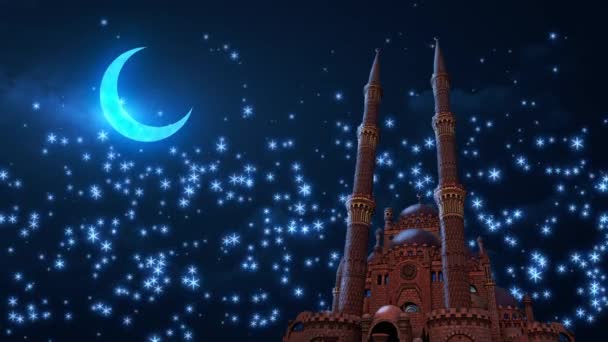 Τζαμί Στο Φόντο Του Looped Ανερχόμενα Αστέρια Στον Ουρανό Φεγγάρι — Αρχείο Βίντεο