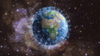 Dünya 'nın etrafındaki iletişim ve internetten oluşan küresel telekomünikasyon ağı döngüye girdi. 3 boyutlu görüntüleme. Bu görüntünün elementleri NASA tarafından desteklenmektedir.