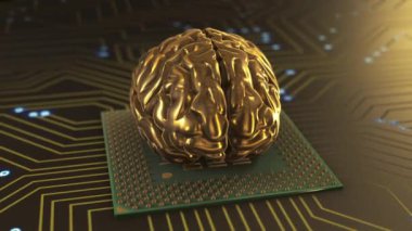 The golden brain on the computer's processor flashes blue. 3D rendering.