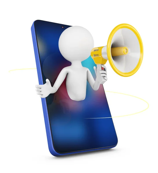 Faceless Man Holds Megaphone Makes Announcement Smartphone Render — Stock Photo, Image