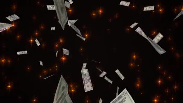 点滅する星の背景にドル紙幣を散乱 3Dレンダリング — ストック動画