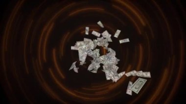 Parlayan bir tünelin arka planına saçılmış dolar banknotları. 3d hazırlayıcı.