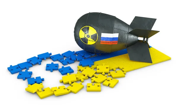 Nuclear Bomb Image Russian Flag Puzzles Form Ukrainian Flag Render — Stock Photo, Image