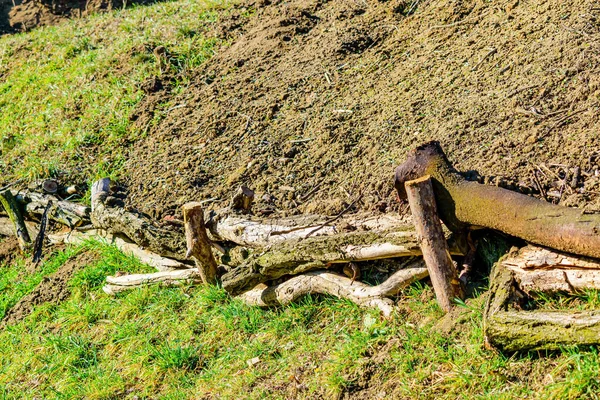 Vaste Schuifbarrière Van Oud Hout Een Helling Van Klei Gras — Stockfoto