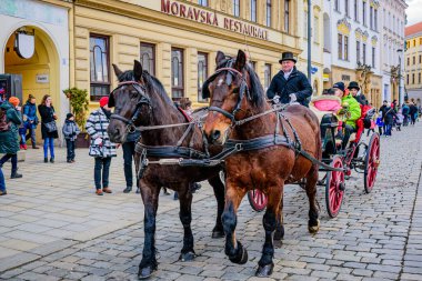 Olomouc, Çek Cumhuriyeti - 19 Şubat 2022: Karnaval festivali, geleneksel Slav etnik festivali, geleneksel maske ve tezgahlarla ilgili kış ve geleneksel ürünler