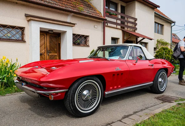 Mutenice, Çek Cumhuriyeti - 7 Mayıs 2022 Yardım Etkinliği Americ şarap mahzenleri arasında 1966 'dan kalma kırmızı Chevrolet Corvette, anlayışın simgesel bir eski zamanlayıcısı.