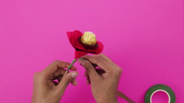 Рожева Троянда Шоколадом Центрі Корисні Руки Латиноамериканська Шкіра Рожевий Фон — стокове відео