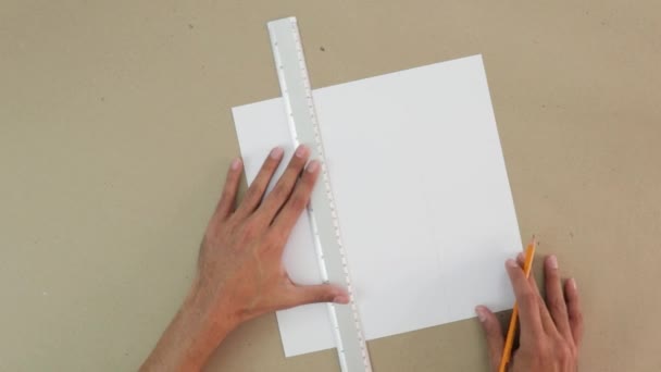 Trace 3X3 Grid White Cardboard Craft Paper Background Ruler Pencil — Stock Video