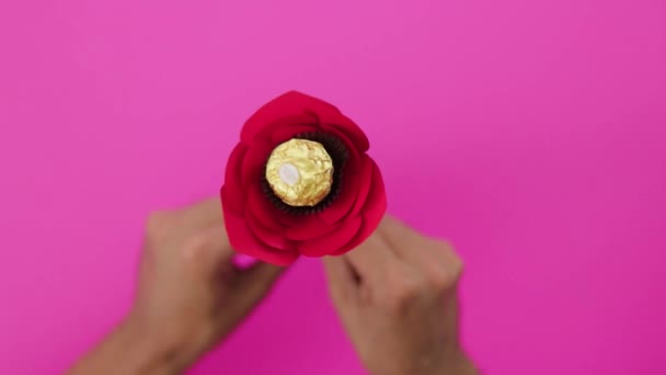Een Papieren Rode Roos Bloem Met Chocolade Het Midden Steel — Stockvideo