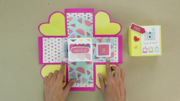 Making Crafty Gift Valentines Day Scrapbook Paper Crafts Brown Hands — Stock Video