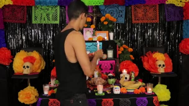 Dag Van Doden Mexicaanse Traditie Cultuur Religie Kaarsen Suikerschedels Papel — Stockvideo