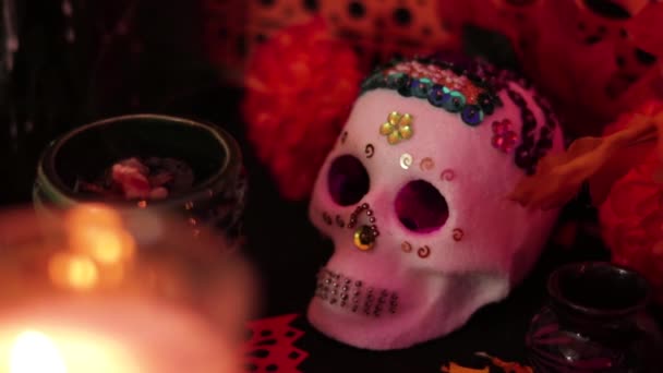 Giorno Dei Morti Tradizione Messicana Cultura Religione Candele Teschi Zucchero — Video Stock