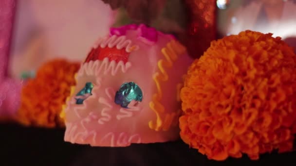 Dzień Zmarłych Meksykańska Tradycja Kultura Religia Świece Czaszki Cukru Papel — Wideo stockowe