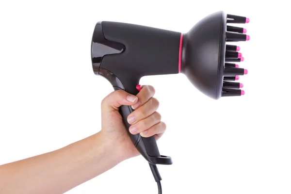 Mão segurando um secador de cabelo isolado em um fundo branco — Fotografia de Stock