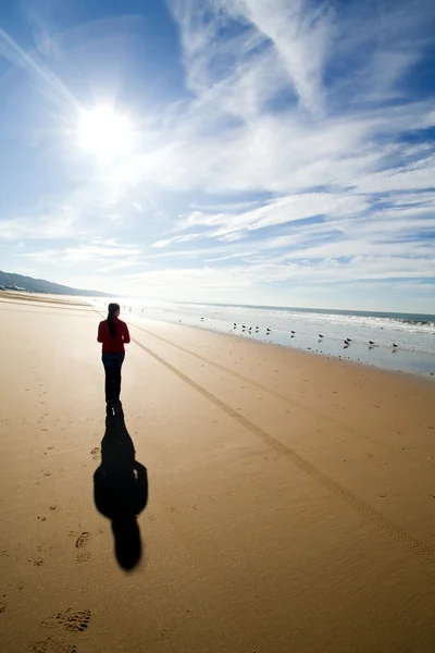 Silhueta mulher andando sozinho na praia — Fotografia de Stock