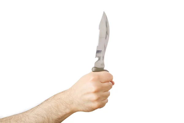 Hand holding a hunting knife in a stabbing gesture — Stock Photo, Image