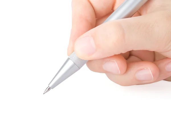 Hand schrijven met een pen op een witte achtergrond — Stockfoto