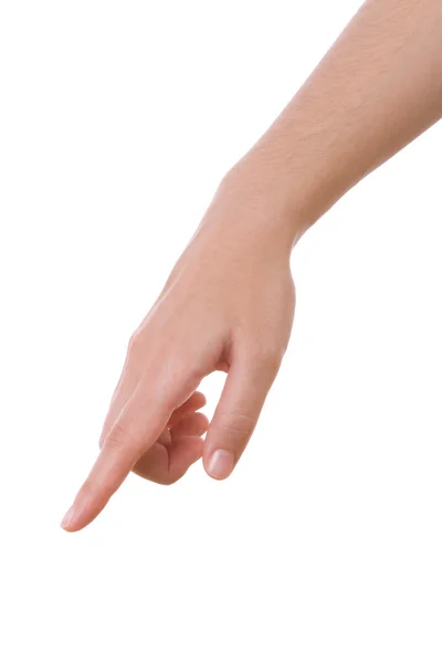 Mano apuntando, tocando o presionando aislada sobre blanco. Mujer caucásica . — Foto de Stock