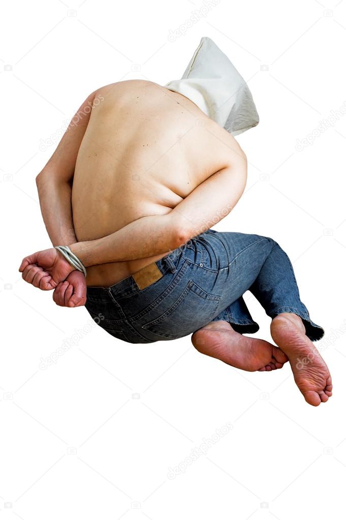 Image of an hostage tied up and blindfolded. Stock Photo by