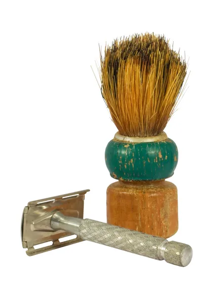Old shaving brush and razor isolated on white — Stock Photo, Image
