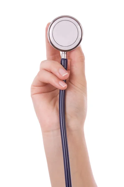 Hand holding a blue stethoscope isolated on white — Stock Photo, Image