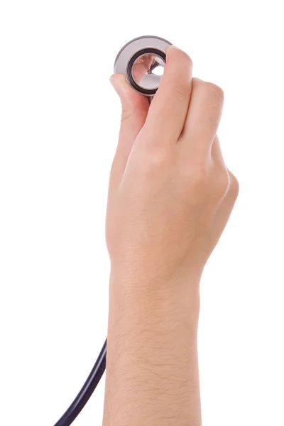 Mano sosteniendo un estetoscopio azul aislado en blanco — Foto de Stock