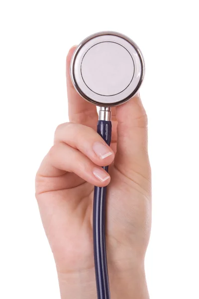 Hand holding a blue stethoscope isolated on white Stock Photo
