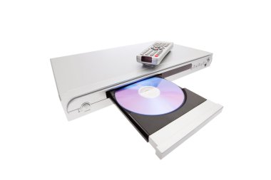 DVD player ejecting disc with remote control isolated on white background clipart