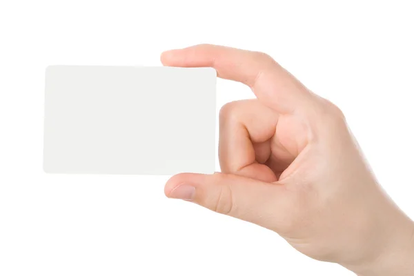 Mano sosteniendo una tarjeta de visita aislada sobre fondo blanco — Foto de Stock