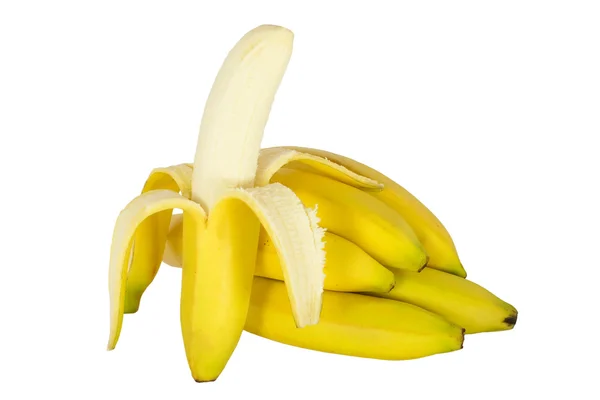 Plátano pelado cerca de un racimo de plátanos maduros —  Fotos de Stock
