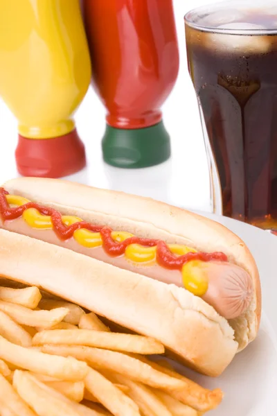 Fast food meal with hotdog, French fries and a cola — Stock Photo, Image