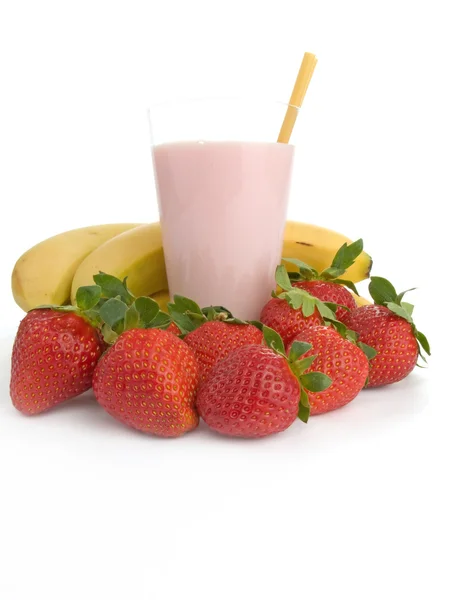 Smoothie made with strawberries and bananas isolated on white background — Stock Photo, Image