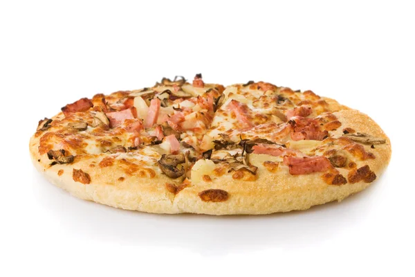 Pizza with mushrooms, ham and pineapple isolated on white — Stock Photo, Image