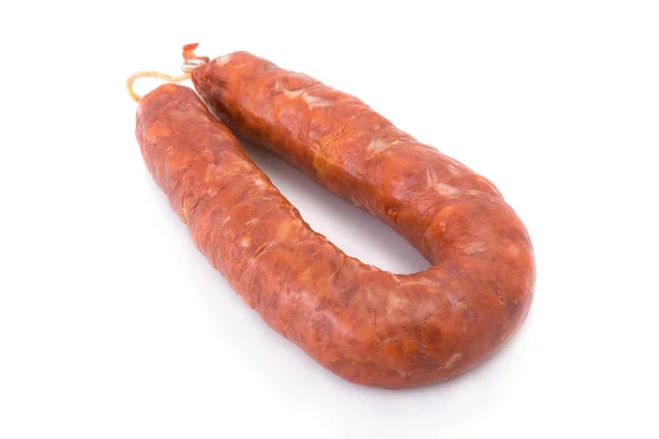 Iberian chorizo, from Barrancos - Alentejo region, Portugal (Chouriço) - isolated on white — Zdjęcie stockowe