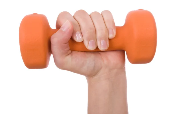 Kadın el üzerinde beyaz izole bir dumbbell tutarak — Stok fotoğraf