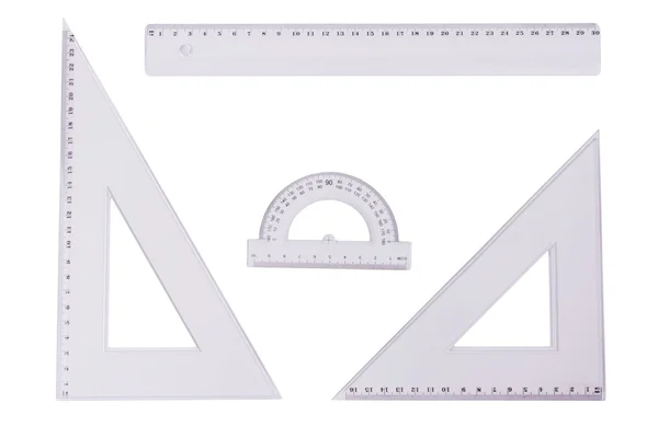 Ruler, squares and a protactor on a white background — Stock Photo, Image