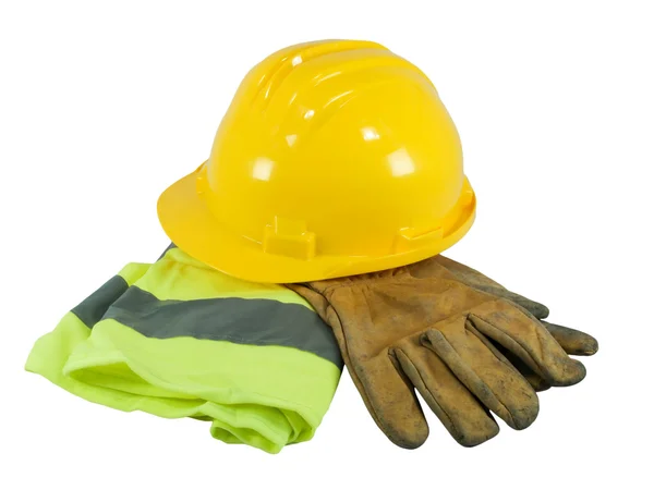 Yellow hardhat, old leather gloves and reflective vest — Stock Photo, Image