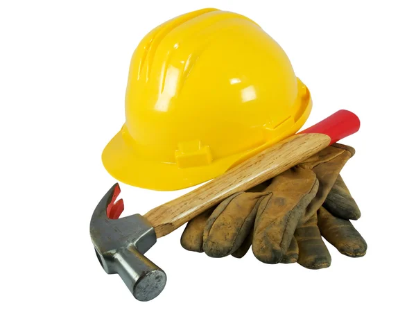 Yellow hardhat, old leather gloves and a hammer isolated on white background — Stock Photo, Image