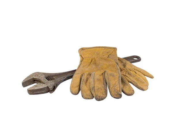 Wrench with work leather gloves — Stock Photo, Image